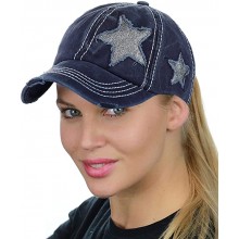 Messy High Bun Ponytail Adjustable Glitter Star Distressed Baseball Cap Hat